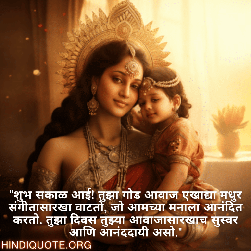 Good morning Wishes In Marathi For Your Mother "शुभ सकाळ आई! तुझा गोड आवाज एखाद्या मधुर संगीतासारखा वाटतो, जो आमच्या मनाला आनंदित करतो. तुझा दिवस तुझ्या आवाजासारखाच सुस्वर आणि आनंददायी असो."