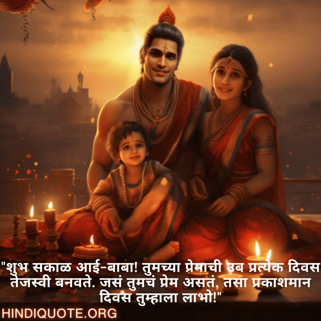 Good morning Wishes In Marathi For Your Parents "शुभ सकाळ आई-बाबा! तुमच्या प्रेमाची उब प्रत्येक दिवस तेजस्वी बनवते. जसं तुमचं प्रेम असतं, तसा प्रकाशमान दिवस तुम्हाला लाभो!"