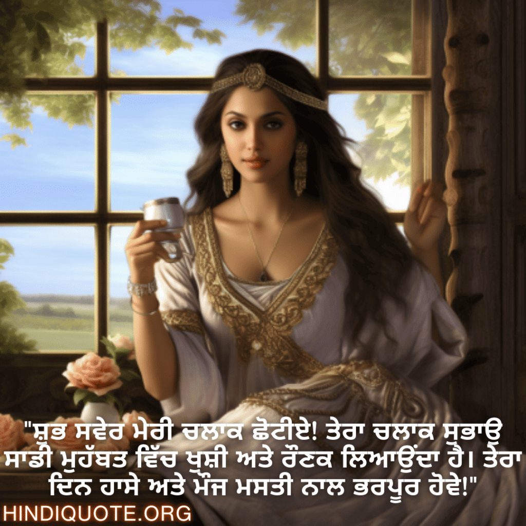 Good morning Quotes In Punjabi For Your Girlfriend "ਸ਼ੁਭ ਸਵੇਰ ਮੇਰੀ ਚਲਾਕ ਛੋਟੀਏ! ਤੇਰਾ ਚਲਾਕ ਸੁਭਾਉ ਸਾਡੀ ਮੁਹੱਬਤ ਵਿੱਚ ਖੁਸ਼ੀ ਅਤੇ ਰੌਣਕ ਲਿਆਉਂਦਾ ਹੈ। ਤੇਰਾ ਦਿਨ ਹਾਸੇ ਅਤੇ ਮੌਜ ਮਸਤੀ ਨਾਲ ਭਰਪੂਰ ਹੋਵੇ!"