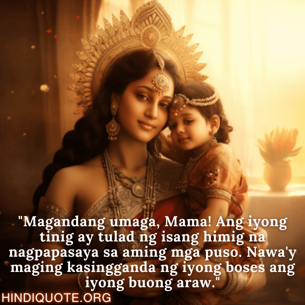 Good morning Quotes Tagalog For Your Mother "Magandang umaga, Mama! Ang iyong tinig ay tulad ng isang himig na nagpapasaya sa aming mga puso. Nawa'y maging kasingganda ng iyong boses ang iyong buong araw."