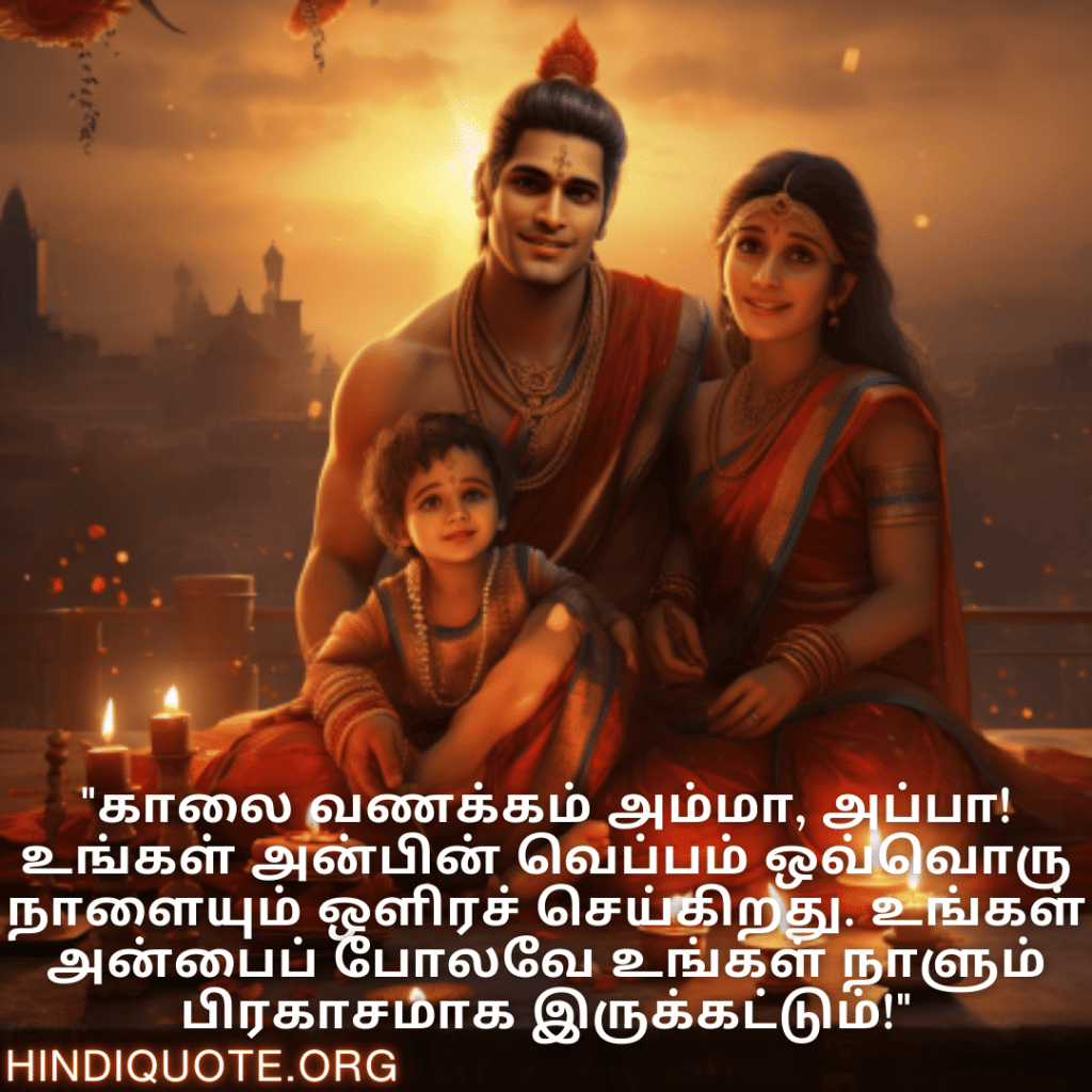 Good morning Wishes In Tamil For Your Parents "காலை வணக்கம் அம்மா, அப்பா! உங்கள் அன்பின் வெப்பம் ஒவ்வொரு நாளையும் ஒளிரச் செய்கிறது. உங்கள் அன்பைப் போலவே உங்கள் நாளும் பிரகாசமாக இருக்கட்டும்!"