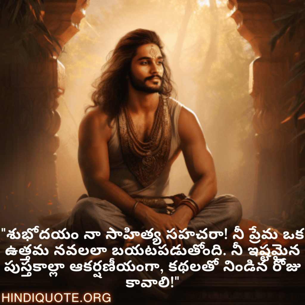 Good morning Quotes In Telugu For Your Boyfriend "శుభోదయం నా సాహిత్య సహచరా! నీ ప్రేమ ఒక ఉత్తమ నవలలా బయటపడుతోంది. నీ ఇష్టమైన పుస్తకాల్లా ఆకర్షణీయంగా, కథలతో నిండిన రోజు కావాలి!"