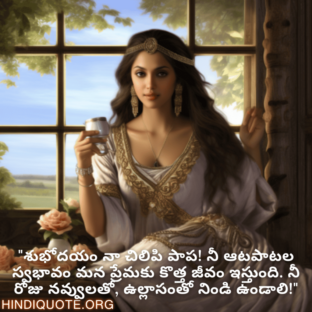 Good morning Quotes In Telugu For Your Girlfriend "శుభోదయం నా చిలిపి పాప! నీ ఆటపాటల స్వభావం మన ప్రేమకు కొత్త జీవం ఇస్తుంది. నీ రోజు నవ్వులతో, ఉల్లాసంతో నిండి ఉండాలి!"