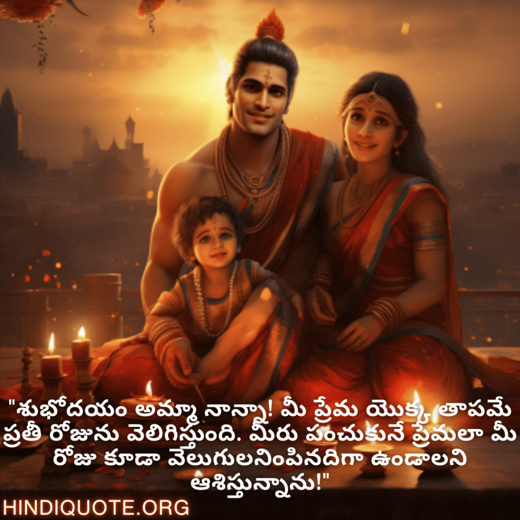 Good morning Wishes In Telugu For Your Parents "శుభోదయం అమ్మా నాన్నా! మీ ప్రేమ యొక్క తాపమే ప్రతీ రోజును వెలిగిస్తుంది. మీరు పంచుకునే ప్రేమలా మీ రోజు కూడా వెలుగులనింపినదిగా ఉండాలని ఆశిస్తున్నాను!"