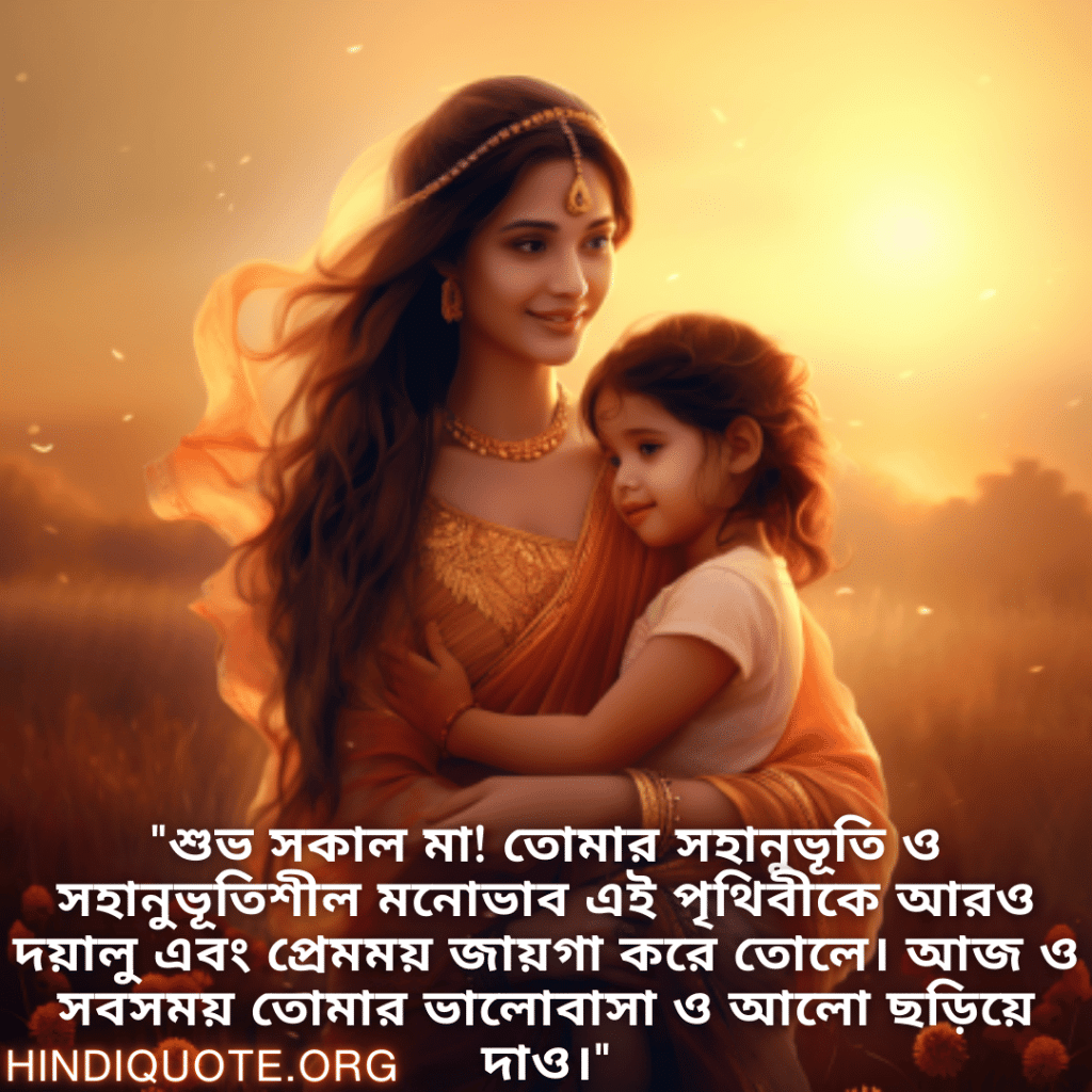 "শুভ সকাল মা! তোমার সহানুভূতি ও সহানুভূতিশীল মনোভাব এই পৃথিবীকে আরও দয়ালু এবং প্রেমময় জায়গা করে তোলে। আজ ও সবসময় তোমার ভালোবাসা ও আলো ছড়িয়ে দাও।"