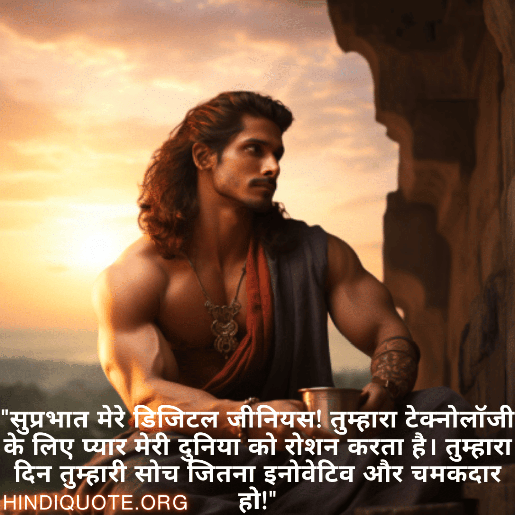 "सुप्रभात मेरे डिजिटल जीनियस! तुम्हारा टेक्नोलॉजी के लिए प्यार मेरी दुनिया को रोशन करता है। तुम्हारा दिन तुम्हारी सोच जितना इनोवेटिव और चमकदार हो!"