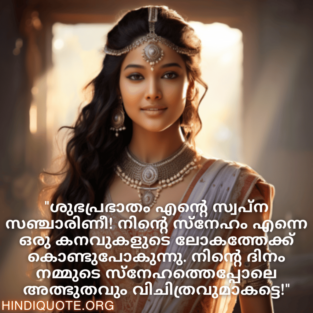 "ശുഭപ്രഭാതം എന്റെ സ്വപ്ന സഞ്ചാരിണീ! നിന്റെ സ്നേഹം എന്നെ ഒരു കനവുകളുടെ ലോകത്തേക്ക് കൊണ്ടുപോകുന്നു. നിന്റെ ദിനം നമ്മുടെ സ്നേഹത്തെപ്പോലെ അത്ഭുതവും വിചിത്രവുമാകട്ടെ!"