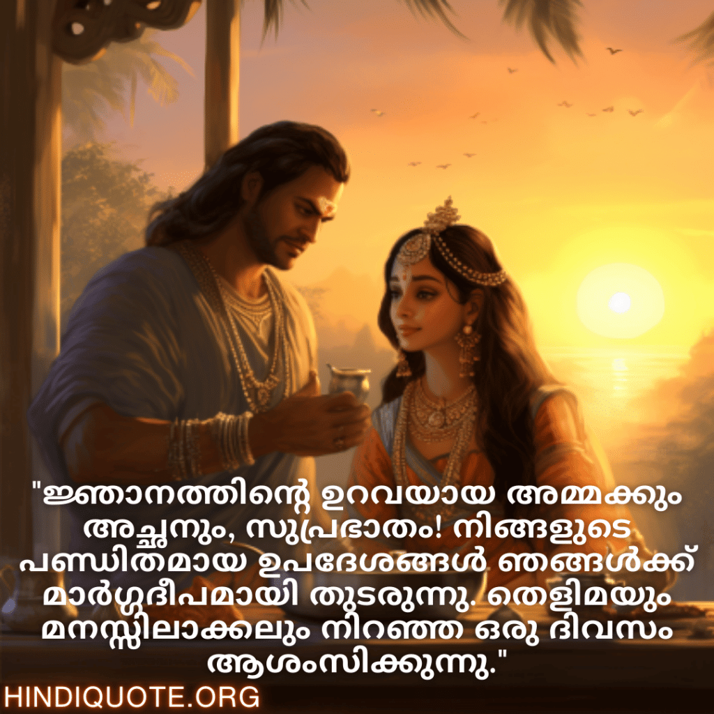 "ജ്ഞാനത്തിന്റെ ഉറവയായ അമ്മക്കും അച്ഛനും, സുപ്രഭാതം! നിങ്ങളുടെ പണ്ഡിതമായ ഉപദേശങ്ങൾ ഞങ്ങൾക്ക് മാർഗ്ഗദീപമായി തുടരുന്നു. തെളിമയും മനസ്സിലാക്കലും നിറഞ്ഞ ഒരു ദിവസം ആശംസിക്കുന്നു."
