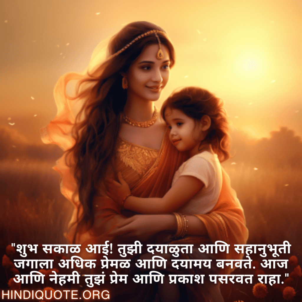 "शुभ सकाळ आई! तुझी दयाळुता आणि सहानुभूती जगाला अधिक प्रेमळ आणि दयामय बनवते. आज आणि नेहमी तुझं प्रेम आणि प्रकाश पसरवत राहा."