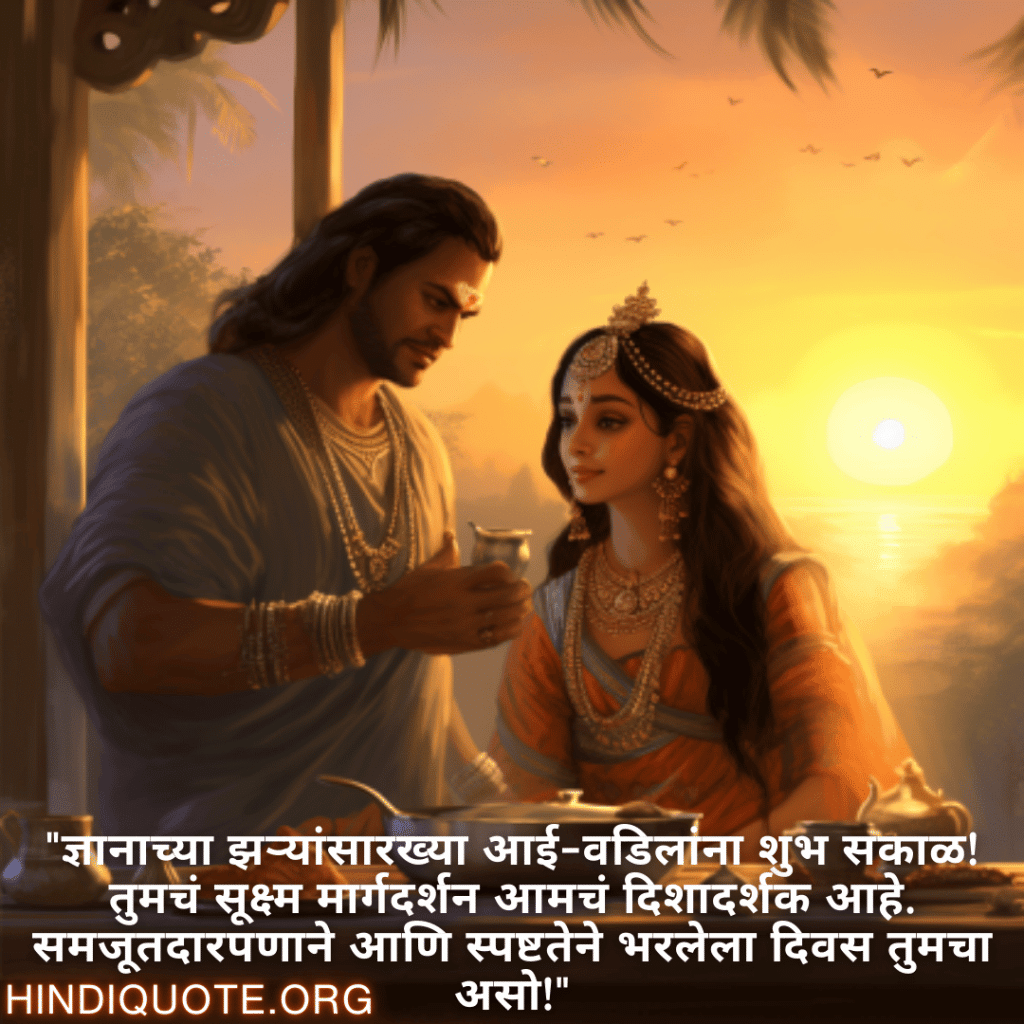 "ज्ञानाच्या झऱ्यांसारख्या आई-वडिलांना शुभ सकाळ! तुमचं सूक्ष्म मार्गदर्शन आमचं दिशादर्शक आहे. समजूतदारपणाने आणि स्पष्टतेने भरलेला दिवस तुमचा असो!"