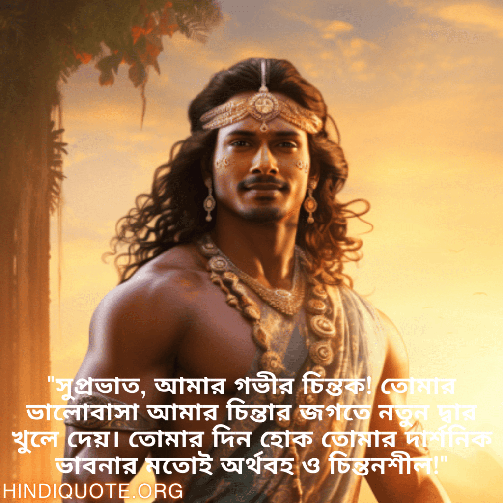 "সুপ্রভাত, আমার গভীর চিন্তক! তোমার ভালোবাসা আমার চিন্তার জগতে নতুন দ্বার খুলে দেয়। তোমার দিন হোক তোমার দার্শনিক ভাবনার মতোই অর্থবহ ও চিন্তনশীল!"
