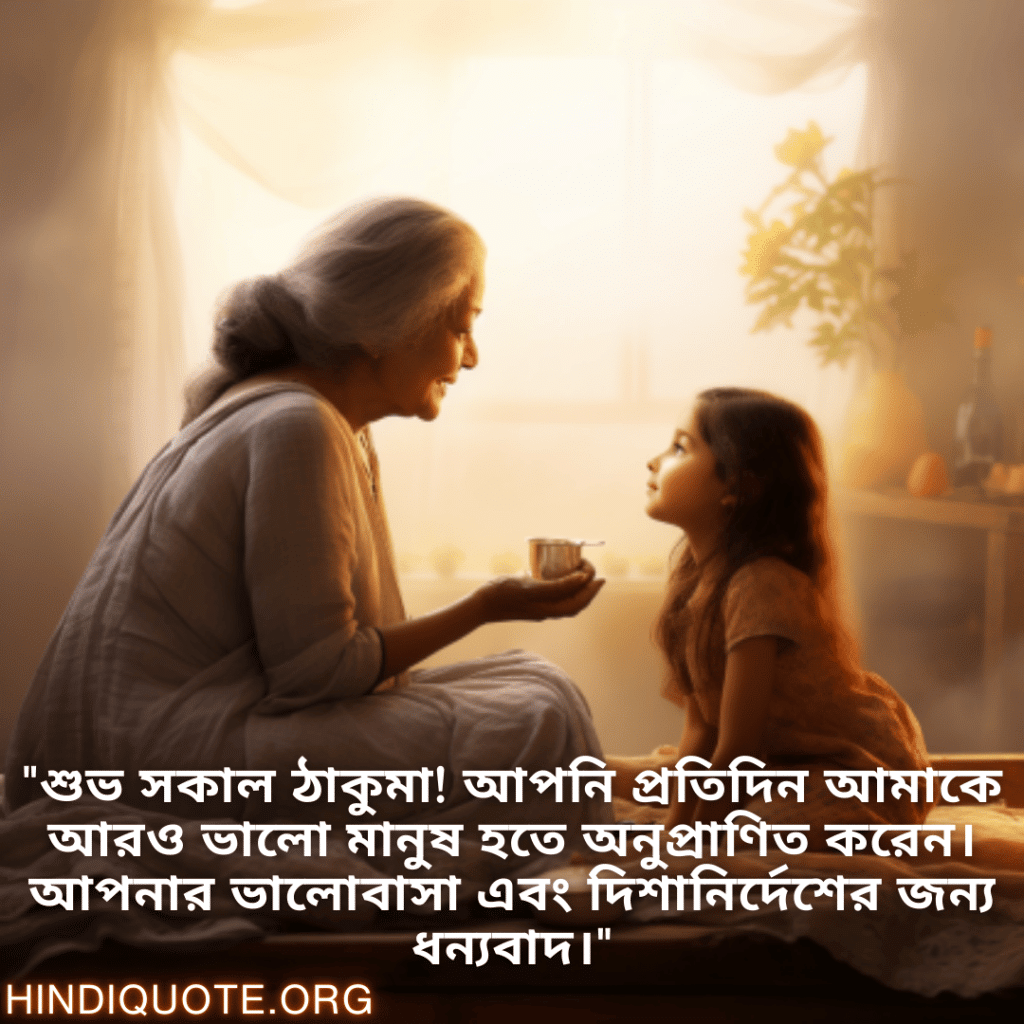 "শুভ সকাল ঠাকুমা! আপনি প্রতিদিন আমাকে আরও ভালো মানুষ হতে অনুপ্রাণিত করেন। আপনার ভালোবাসা এবং দিশানির্দেশের জন্য ধন্যবাদ।"