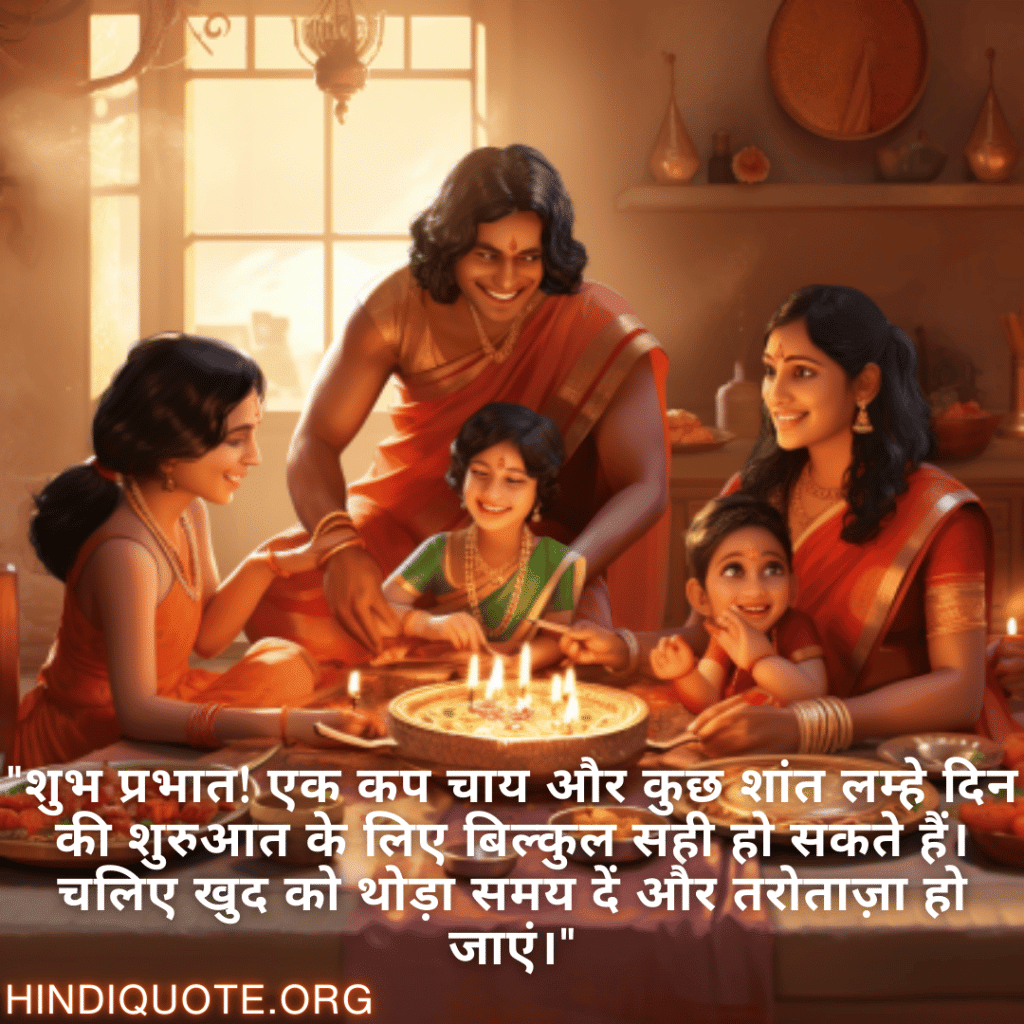 "शुभ प्रभात! एक कप चाय और कुछ शांत लम्हे दिन की शुरुआत के लिए बिल्कुल सही हो सकते हैं। चलिए खुद को थोड़ा समय दें और तरोताज़ा हो जाएं।"