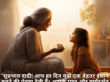 "सुप्रभात दादी! आप हर दिन मुझे एक बेहतर इंसान बनने की प्रेरणा देती हैं। आपके प्यार और मार्गदर्शन के लिए धन्यवाद।"