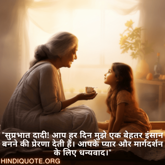 "सुप्रभात दादी! आप हर दिन मुझे एक बेहतर इंसान बनने की प्रेरणा देती हैं। आपके प्यार और मार्गदर्शन के लिए धन्यवाद।"