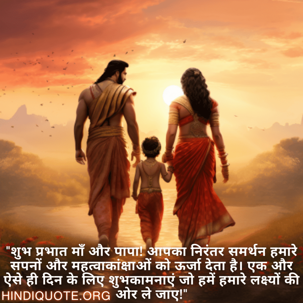 "शुभ प्रभात माँ और पापा! आपका निरंतर समर्थन हमारे सपनों और महत्वाकांक्षाओं को ऊर्जा देता है। एक और ऐसे ही दिन के लिए शुभकामनाएं जो हमें हमारे लक्ष्यों की ओर ले जाए!"