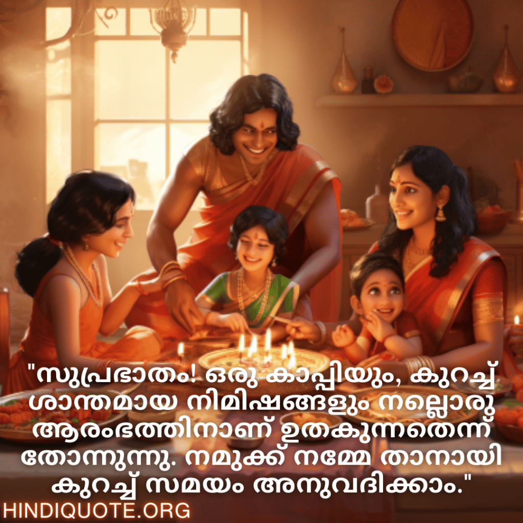 "സുപ്രഭാതം! ഒരു കാപ്പിയും, കുറച്ച് ശാന്തമായ നിമിഷങ്ങളും നല്ലൊരു ആരംഭത്തിനാണ് ഉതകുന്നതെന്ന് തോന്നുന്നു. നമുക്ക് നമ്മേ താനായി കുറച്ച് സമയം അനുവദിക്കാം."