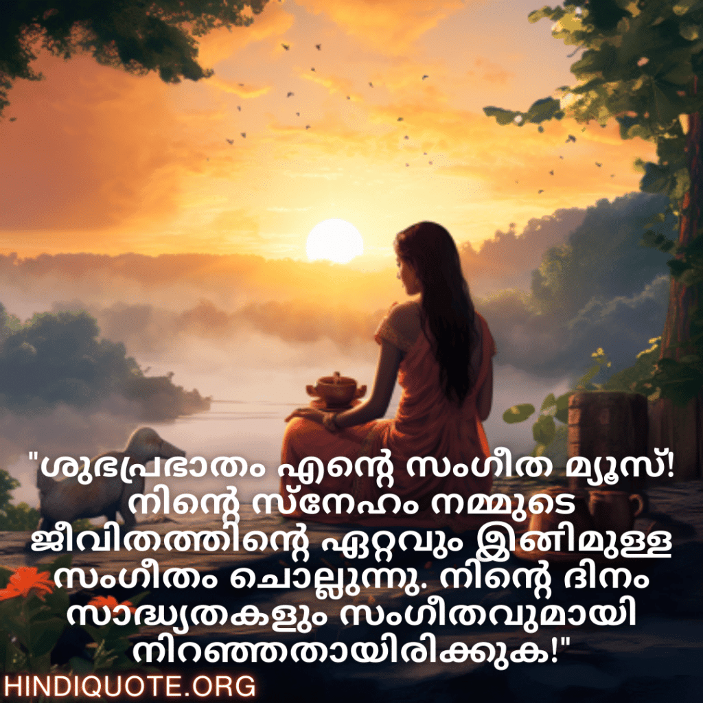 "ശുഭപ്രഭാതം എന്റെ സംഗീത മ്യൂസ്! നിന്റെ സ്‌നേഹം നമ്മുടെ ജീവിതത്തിന്റെ ഏറ്റവും മുള്ള സംഗീതം ചൊല്ലുന്നു. നിന്റെ ദിനം സാദ്ധ്യതകളും സംഗീതവുമായി നിറഞ്ഞതായിരിക്കുക!"