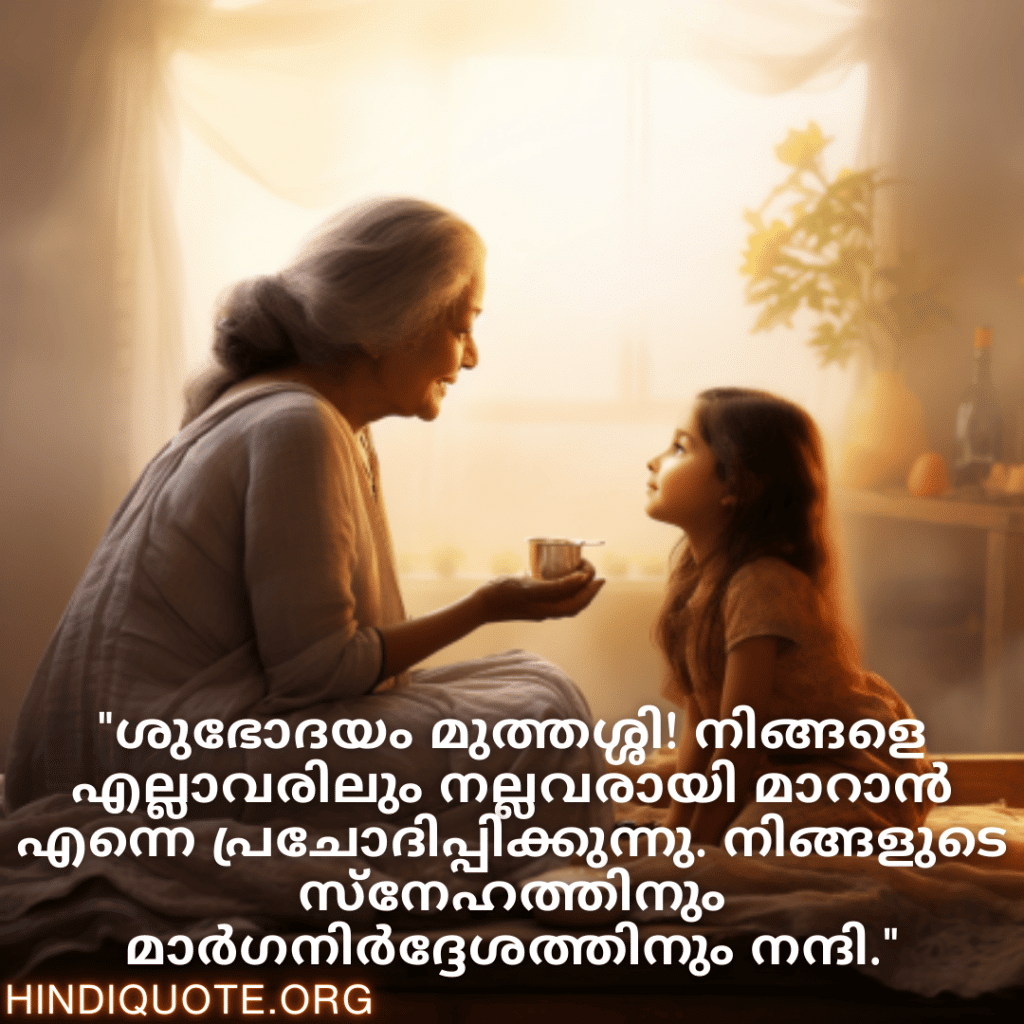 "ശുഭോദയം മുത്തശ്ശി! നിങ്ങളെ എല്ലാവരിലും നല്ലവരായി മാറാൻ എന്നെ പ്രചോദിപ്പിക്കുന്നു. നിങ്ങളുടെ സ്‌നേഹത്തിനും മാർഗനിർദ്ദേശത്തിനും നന്ദി."