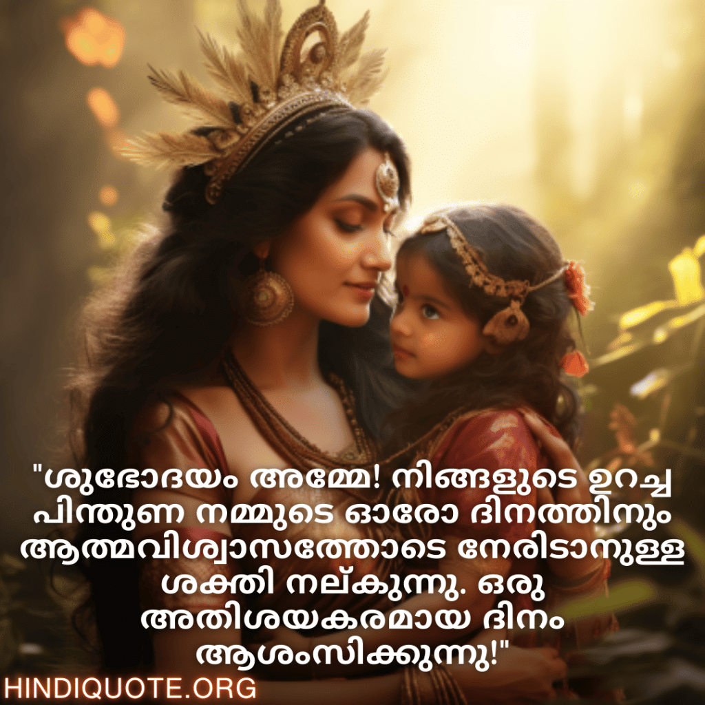 "ശുഭോദയം അമ്മേ! നിങ്ങളുടെ ഉറച്ച പിന്തുണ നമ്മുടെ ഓരോ ദിനത്തിനും ആത്മവിശ്വാസത്തോടെ നേരിടാനുള്ള ശക്തി നല്‍കുന്നു. ഒരു അതിശയകരമായ ദിനം ആശംസിക്കുന്നു!"