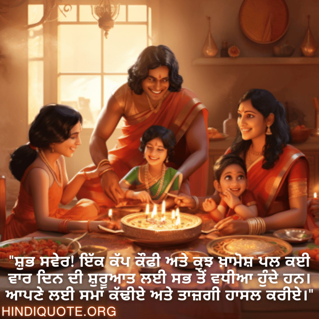 "ਸ਼ੁਭ ਸਵੇਰ! ਇੱਕ ਕੱਪ ਕੌਫੀ ਅਤੇ ਕੁਝ ਖ਼ਾਮੋਸ਼ ਪਲ ਕਈ ਵਾਰ ਦਿਨ ਦੀ ਸ਼ੁਰੂਆਤ ਲਈ ਸਭ ਤੋਂ ਵਧੀਆ ਹੁੰਦੇ ਹਨ। ਆਪਣੇ ਲਈ ਸਮਾਂ ਕੱਢੀਏ ਅਤੇ ਤਾਜ਼ਗੀ ਹਾਸਲ ਕਰੀਏ।"