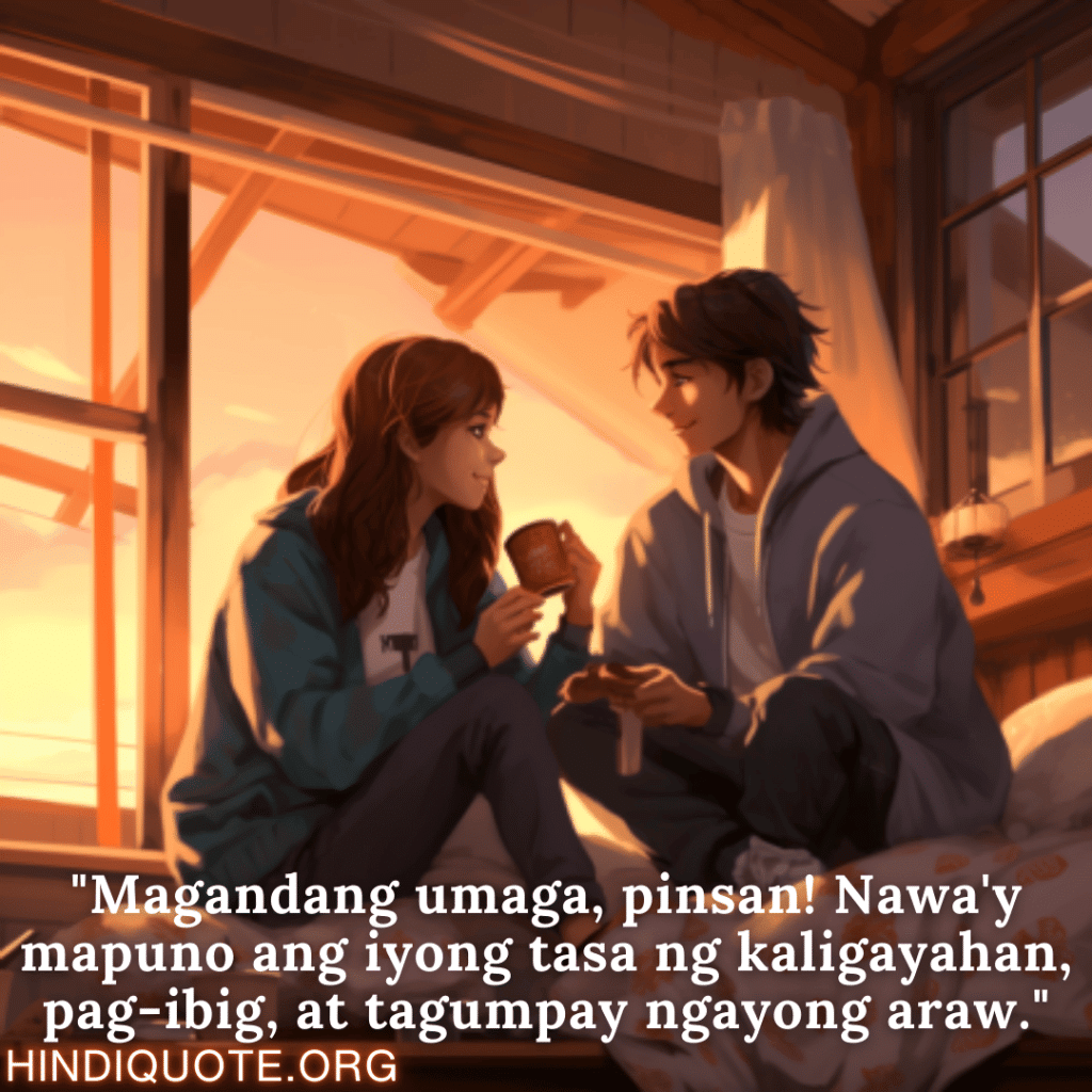 "Magandang umaga, pinsan! Nawa'y mapuno ang iyong tasa ng kaligayahan, pag-ibig, at tagumpay ngayong araw."