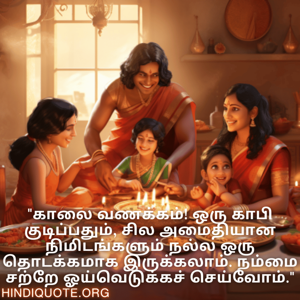 "காலை வணக்கம்! ஒரு காபி குடிப்பதும், சில அமைதியான நிமிடங்களும் நல்ல ஒரு தொடக்கமாக இருக்கலாம். நம்மை சற்றே ஓய்வெடுக்கச் செய்வோம்."