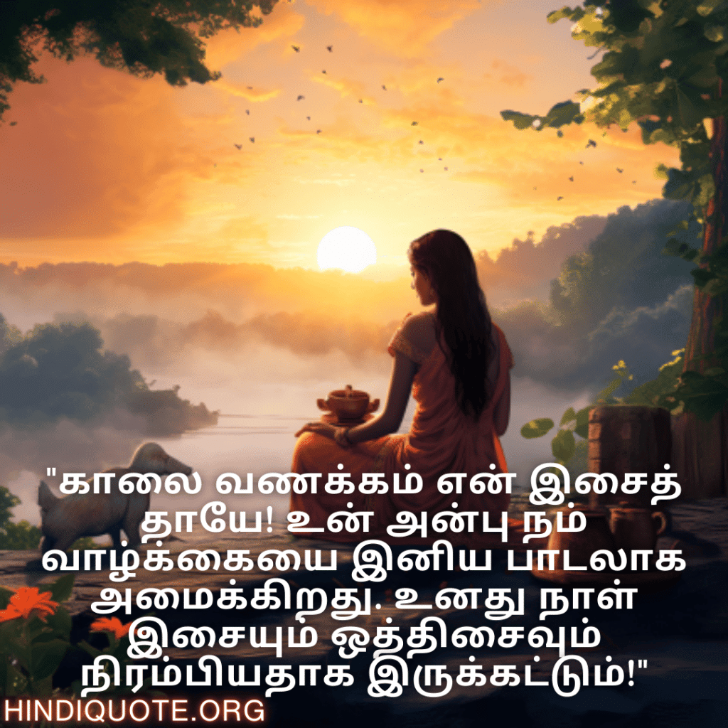"காலை வணக்கம் என் இசைத் தாயே! உன் அன்பு நம் வாழ்க்கையை இனிய பாடலாக அமைக்கிறது. உனது நாள் இசையும் ஒத்திசைவும் நிரம்பியதாக இருக்கட்டும்!"