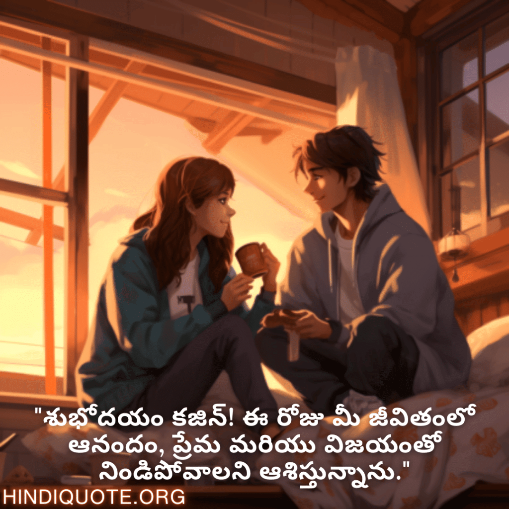 "శుభోదయం కజిన్! ఈ రోజు మీ జీవితంలో ఆనందం, ప్రేమ మరియు విజయంతో నిండిపోవాలని ఆశిస్తున్నాను."
