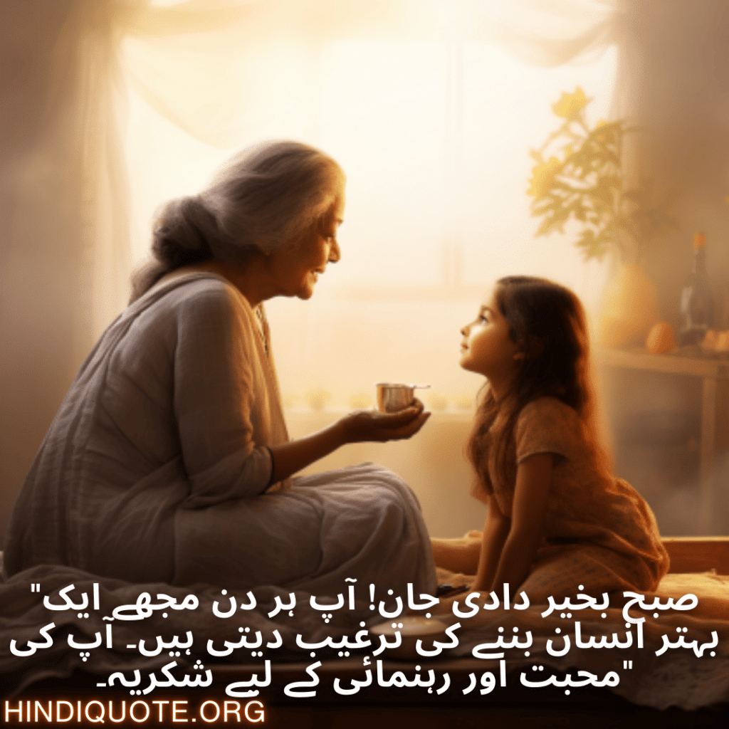 "صبح بخیر دادی جان! آپ ہر دن مجھے ایک بہتر انسان بننے کی ترغیب دیتی ہیں۔ آپ کی محبت اور رہنمائی کے لیے شکریہ۔"