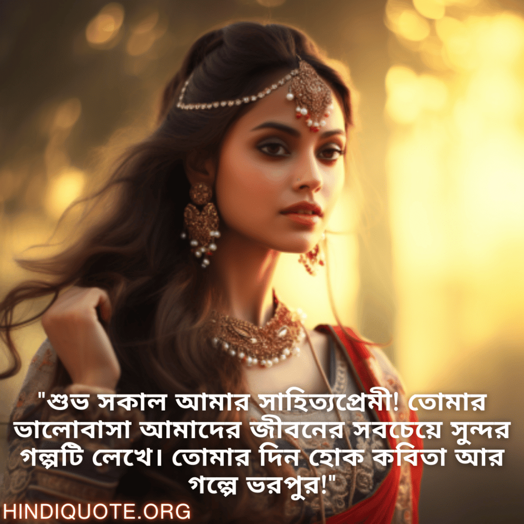 "শুভ সকাল আমার সাহিত্যপ্রেমী! তোমার ভালোবাসা আমাদের জীবনের সবচেয়ে সুন্দর গল্পটি লেখে। তোমার দিন হোক কবিতা আর গল্পে ভরপুর!"