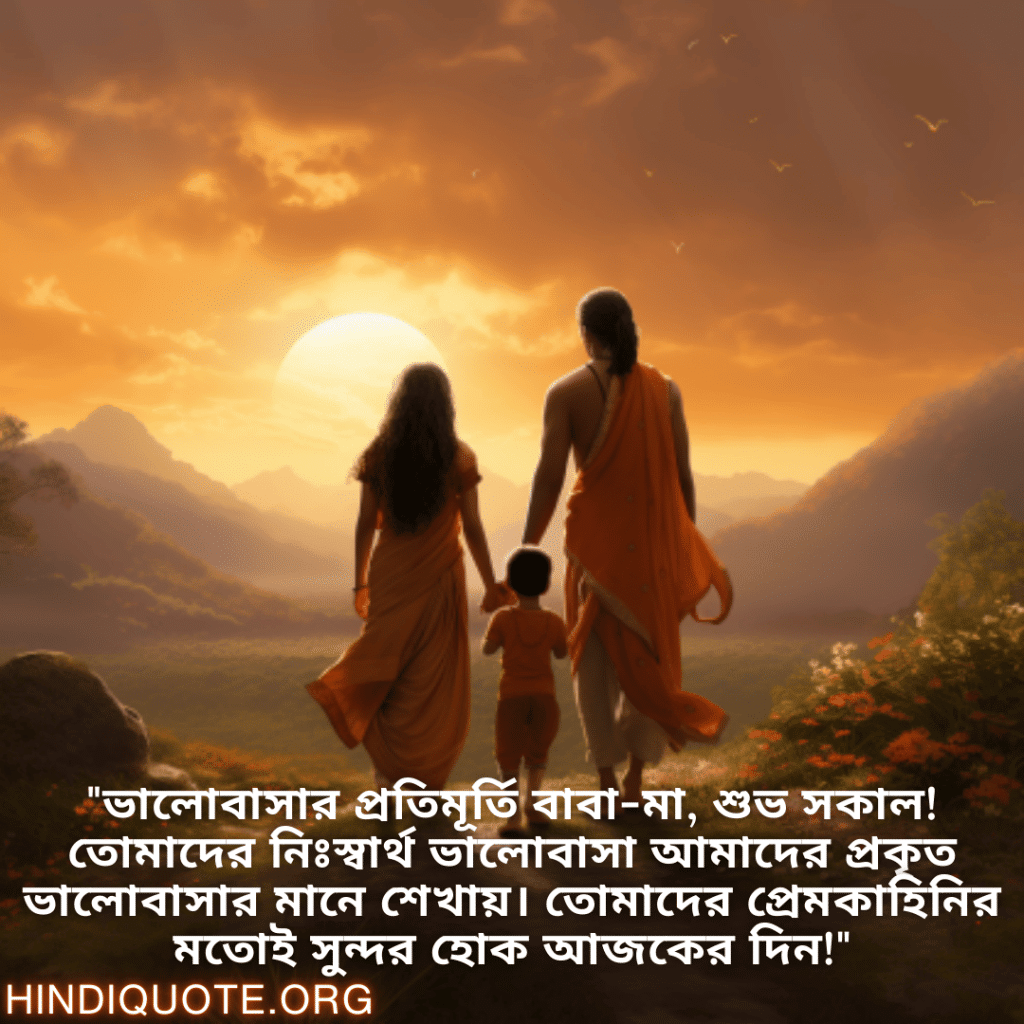 "ভালোবাসার প্রতিমূর্তি বাবা-মা, শুভ সকাল! তোমাদের নিঃস্বার্থ ভালোবাসা আমাদের প্রকৃত ভালোবাসার মানে শেখায়। তোমাদের প্রেমকাহিনির মতোই সুন্দর হোক আজকের দিন!"