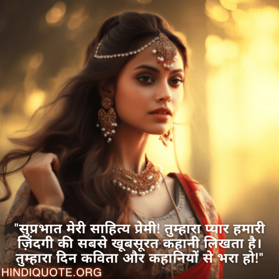 "सुप्रभात मेरी साहित्य प्रेमी! तुम्हारा प्यार हमारी ज़िंदगी की सबसे खूबसूरत कहानी लिखता है। तुम्हारा दिन कविता और कहानियों से भरा हो!"