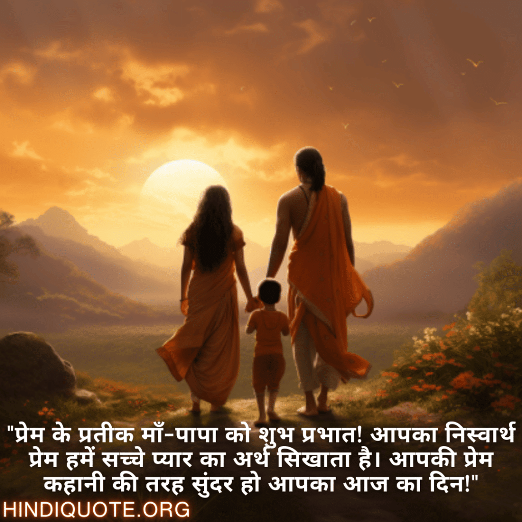 "प्रेम के प्रतीक माँ-पापा को शुभ प्रभात! आपका निस्वार्थ प्रेम हमें सच्चे प्यार का अर्थ सिखाता है। आपकी प्रेम कहानी की तरह सुंदर हो आपका आज का दिन!"