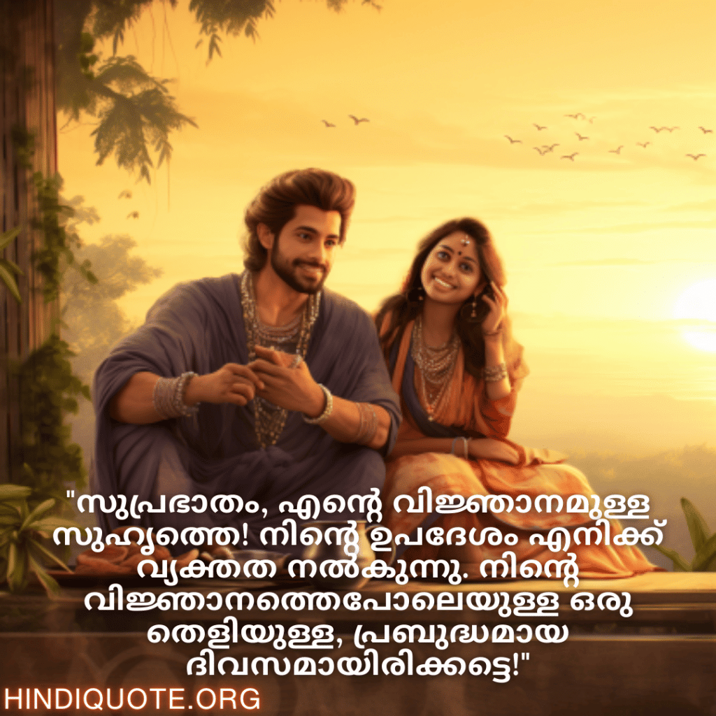 "സുപ്രഭാതം, എന്റെ വിജ്ഞാനമുള്ള സുഹൃത്തെ! നിന്റെ ഉപദേശം എനിക്ക് വ്യക്തത നൽകുന്നു. നിന്റെ വിജ്ഞാനത്തെപോലെയുള്ള ഒരു തെളിയുള്ള, പ്രബുദ്ധമായ ദിവസമായിരിക്കട്ടെ!"