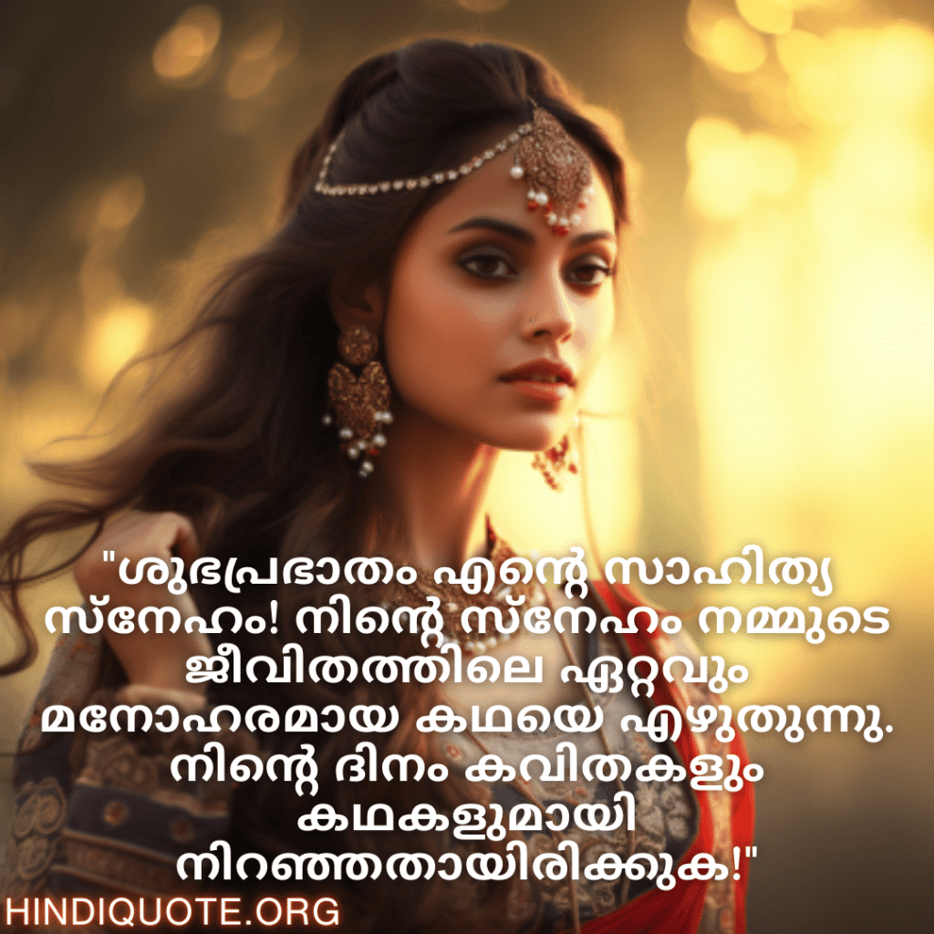 "ശുഭപ്രഭാതം എന്റെ സാഹിത്യ സ്നേഹം! നിന്റെ സ്നേഹം നമ്മുടെ ജീവിതത്തിലെ ഏറ്റവും മനോഹരമായ കഥയെ എഴുതുന്നു. നിന്റെ ദിനം കവിതകളും കഥകളുമായി നിറഞ്ഞതായിരിക്കുക!"