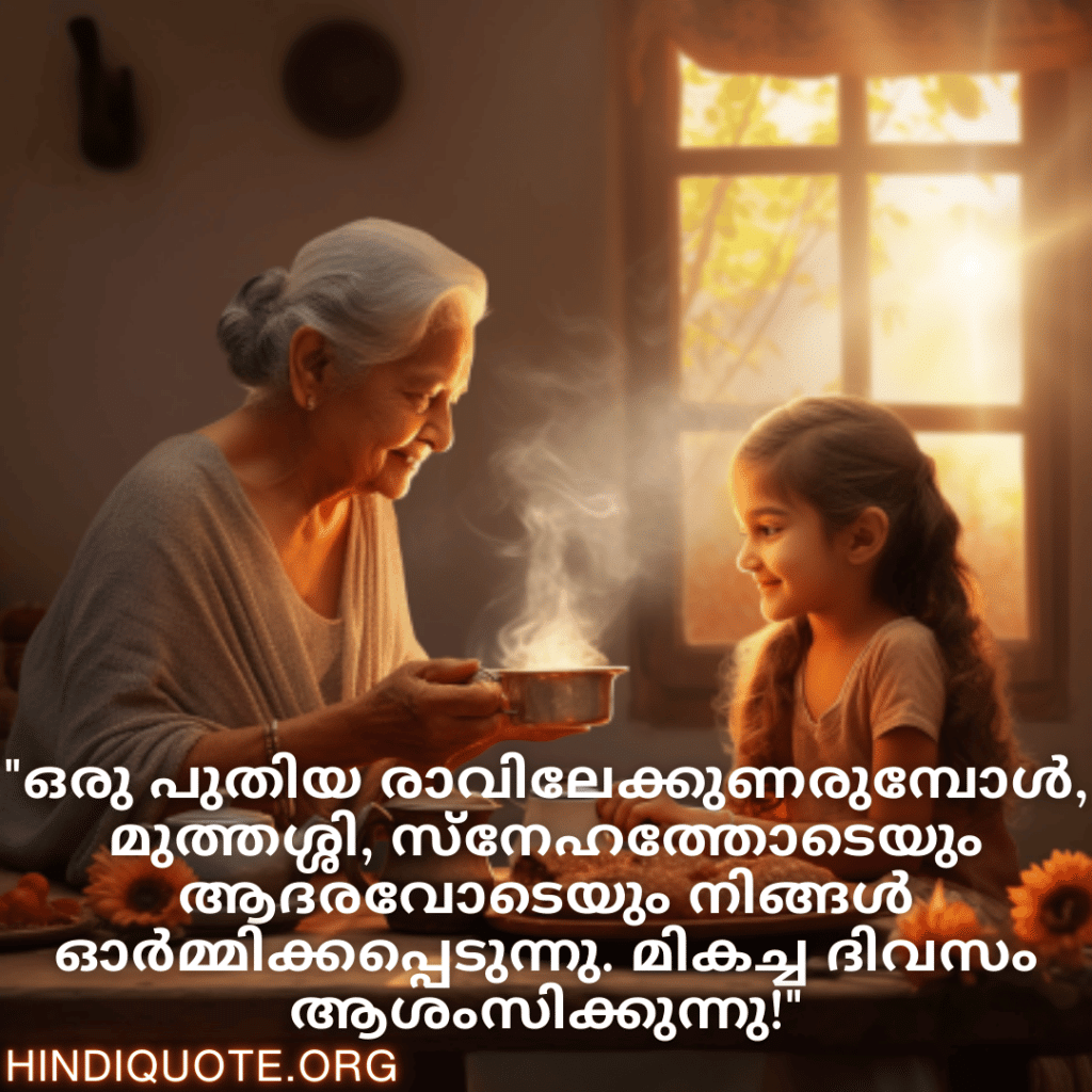 "ഒരു പുതിയ രാവിലേക്കുണരുമ്പോൾ, മുത്തശ്ശി, സ്നേഹത്തോടെയും ആദരവോടെയും നിങ്ങൾ ഓർമ്മിക്കപ്പെടുന്നു. മികച്ച ദിവസം ആശംസിക്കുന്നു!"