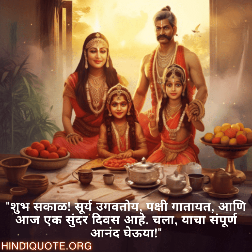 "शुभ सकाळ! सूर्य उगवतोय, पक्षी गातायत, आणि आज एक सुंदर दिवस आहे. चला, याचा संपूर्ण आनंद घेऊया!"