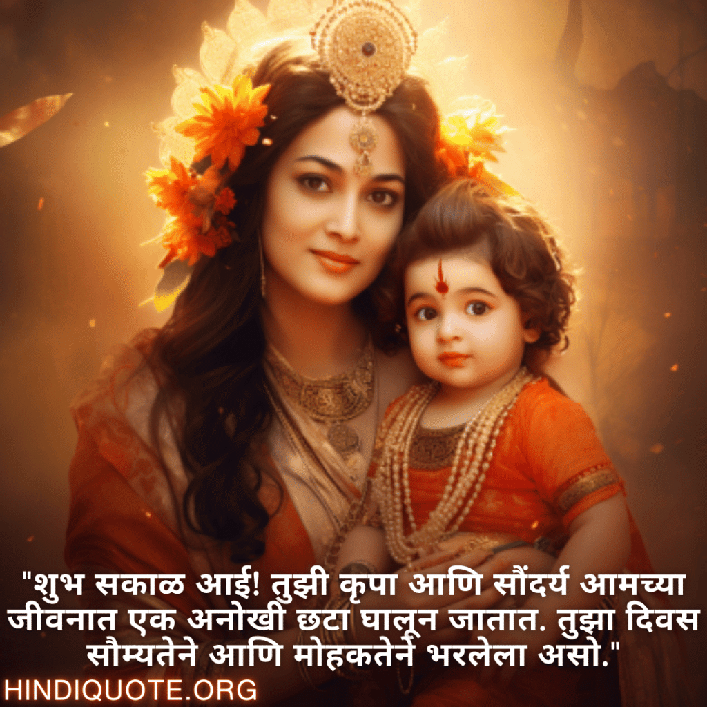 "शुभ सकाळ आई! तुझी कृपा आणि सौंदर्य आमच्या जीवनात एक अनोखी छटा घालून जातात. तुझा दिवस सौम्यतेने आणि मोहकतेने भरलेला असो."