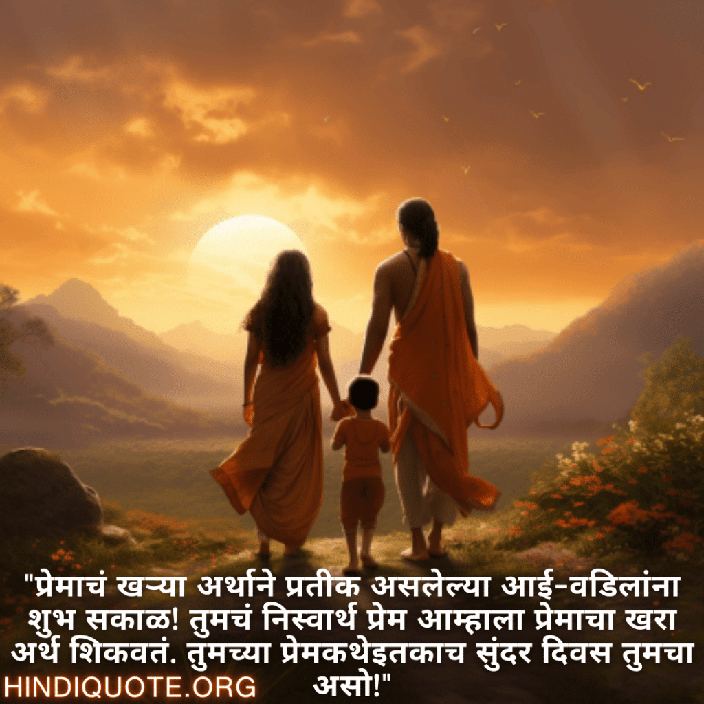 "प्रेमाचं खऱ्या अर्थाने प्रतीक असलेल्या आई-वडिलांना शुभ सकाळ! तुमचं निस्वार्थ प्रेम आम्हाला प्रेमाचा खरा अर्थ शिकवतं. तुमच्या प्रेमकथेइतकाच सुंदर दिवस तुमचा असो!"