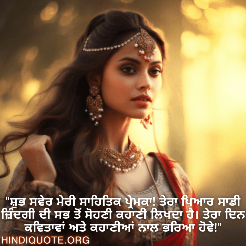 "ਸ਼ੁਭ ਸਵੇਰ ਮੇਰੀ ਸਾਹਿਤਿਕ ਪ੍ਰੇਮਕਾ! ਤੇਰਾ ਪਿਆਰ ਸਾਡੀ ਜ਼ਿੰਦਗੀ ਦੀ ਸਭ ਤੋਂ ਸੋਹਣੀ ਕਹਾਣੀ ਲਿਖਦਾ ਹੈ। ਤੇਰਾ ਦਿਨ ਕਵਿਤਾਵਾਂ ਅਤੇ ਕਹਾਣੀਆਂ ਨਾਲ ਭਰਿਆ ਹੋਵੇ!"