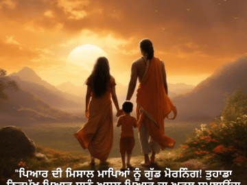 "ਪਿਆਰ ਦੀ ਮਿਸਾਲ ਮਾਪਿਆਂ ਨੂੰ ਗੁੱਡ ਮੋਰਨਿੰਗ! ਤੁਹਾਡਾ ਨਿਰਪੱਖ ਪਿਆਰ ਸਾਨੂੰ ਅਸਲ ਪਿਆਰ ਦਾ ਅਰਥ ਸਮਝਾਉਂਦਾ ਹੈ। ਤੁਹਾਡੀ ਲਵ ਸਟੋਰੀ ਵਾਂਗ ਹੀ ਸੁਹਾਵਾਂ ਹੋਵੇ ਤੁਹਾਡਾ ਅੱਜ ਦਾ ਦਿਨ!"