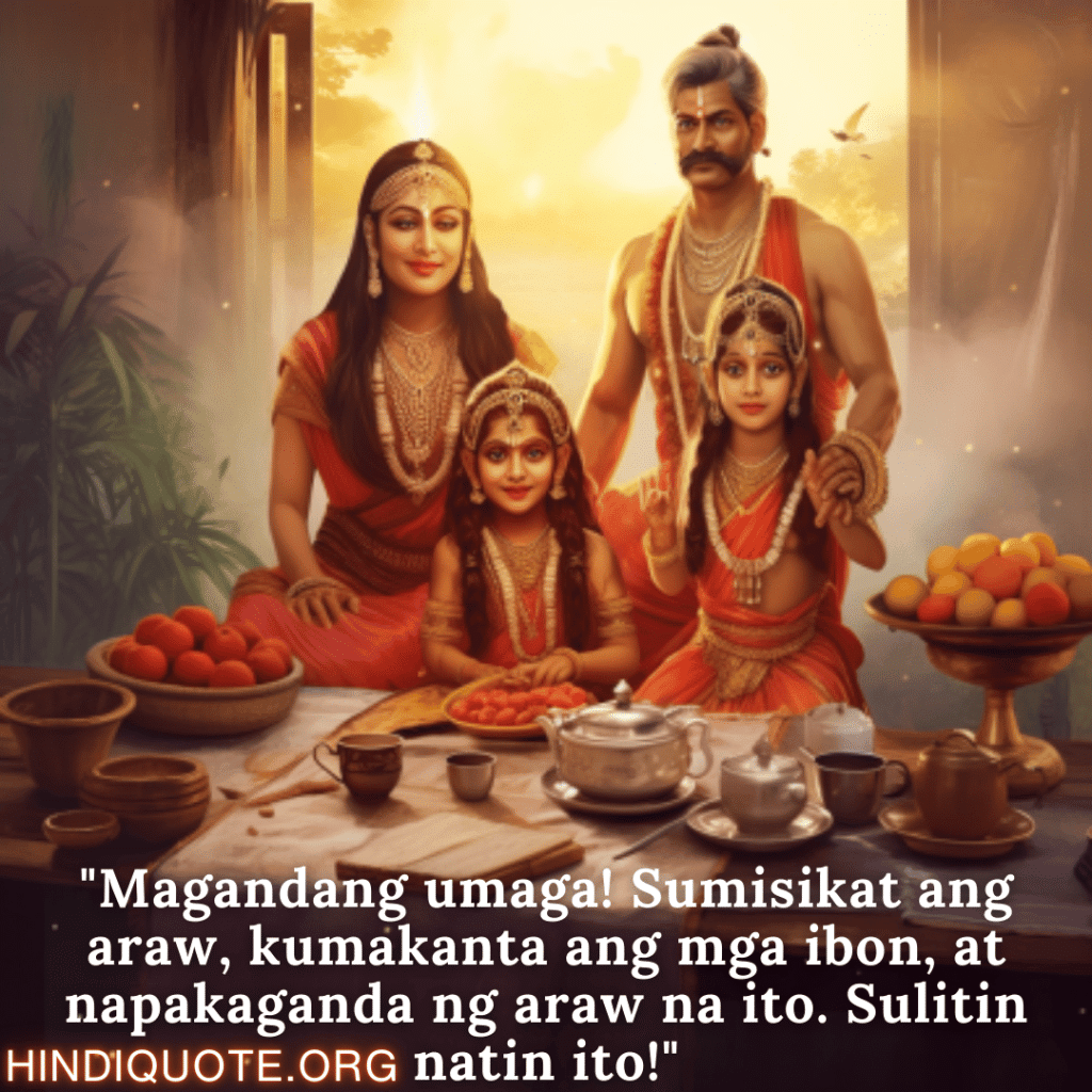 "Magandang umaga! Sumisikat ang araw, kumakanta ang mga ibon, at napakaganda ng araw na ito. Sulitin natin ito!"