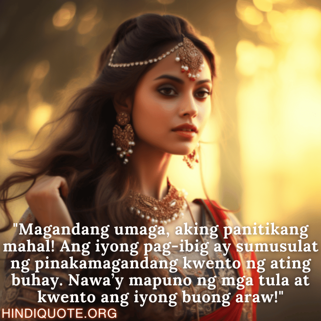 "Magandang umaga, aking panitikang mahal! Ang iyong pag-ibig ay sumusulat ng pinakamagandang kwento ng ating buhay. Nawa’y mapuno ng mga tula at kwento ang iyong buong araw!"