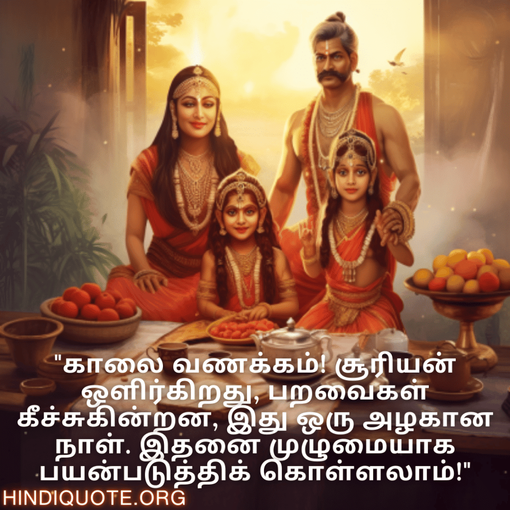 "காலை வணக்கம்! சூரியன் ஒளிர்கிறது, பறவைகள் கீச்சுகின்றன, இது ஒரு அழகான நாள். இதனை முழுமையாக பயன்படுத்திக் கொள்ளலாம்!"