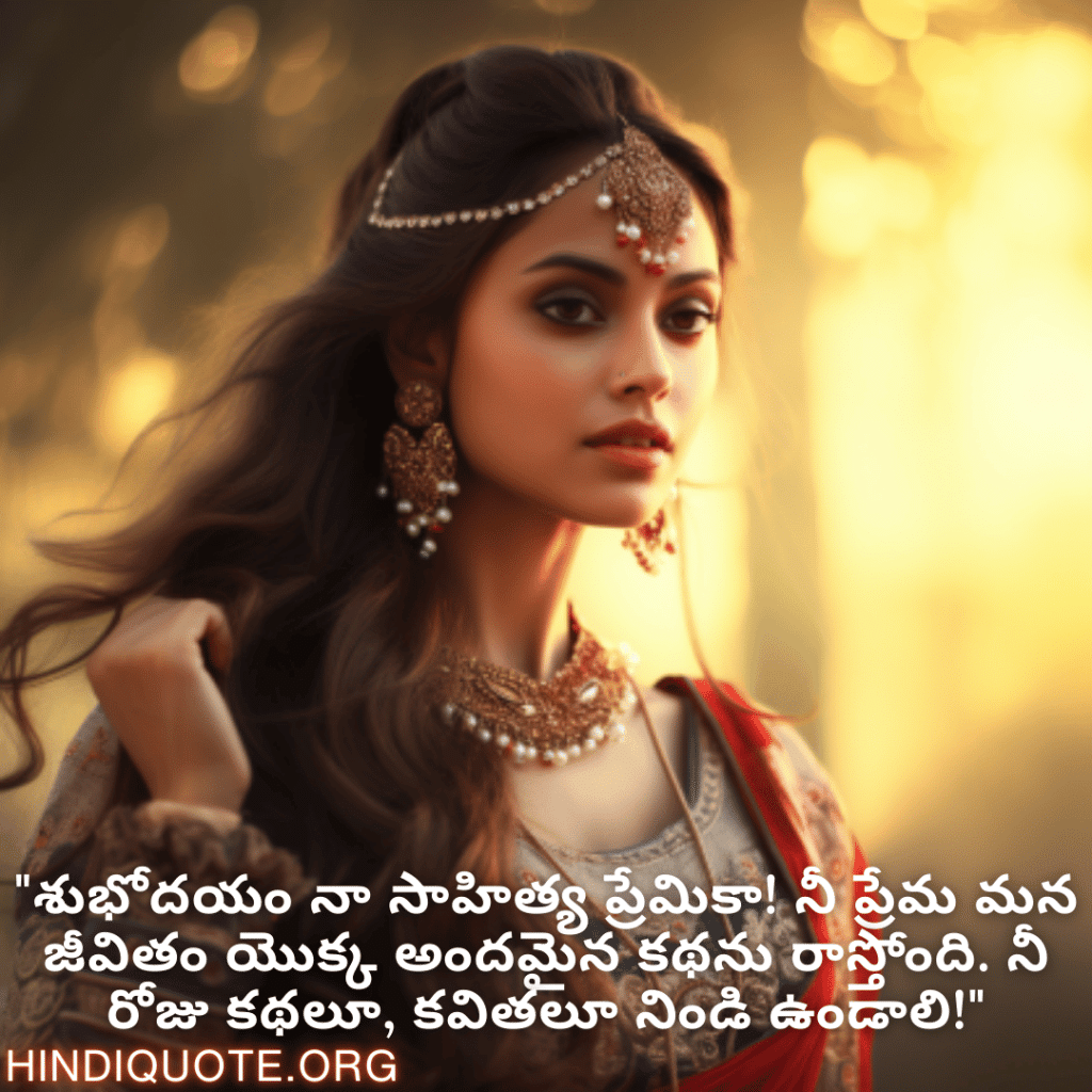 "శుభోదయం నా సాహిత్య ప్రేమికా! నీ ప్రేమ మన జీవితం యొక్క అందమైన కథను రాస్తోంది. నీ రోజు కథలూ, కవితలూ నిండి ఉండాలి!"