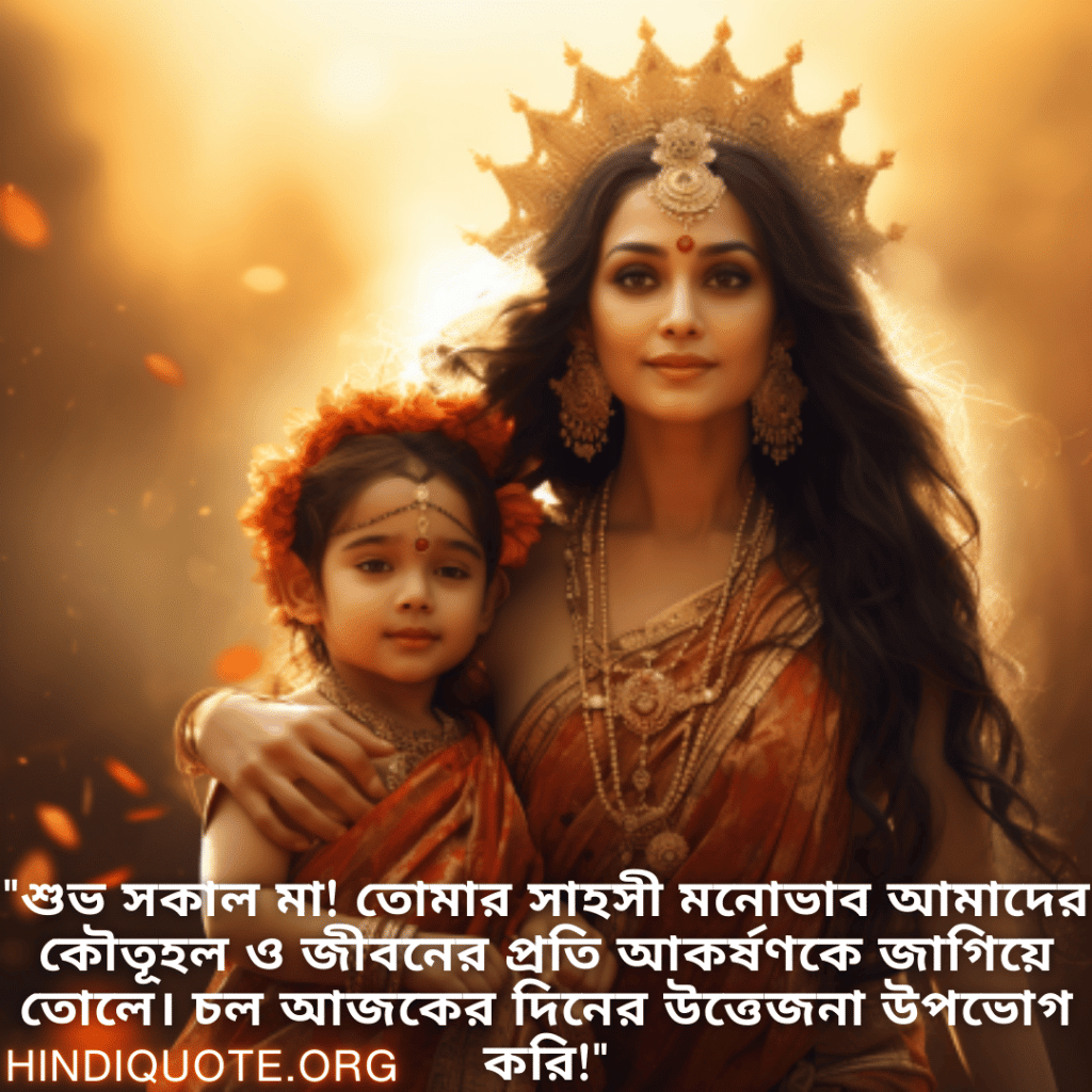 "শুভ সকাল মা! তোমার সাহসী মনোভাব আমাদের কৌতূহল ও জীবনের প্রতি আকর্ষণকে জাগিয়ে তোলে। চল আজকের দিনের উত্তেজনা উপভোগ করি!"