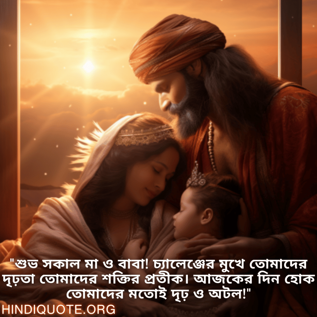 "শুভ সকাল মা ও বাবা! চ্যালেঞ্জের মুখে তোমাদের দৃঢ়তা তোমাদের শক্তির প্রতীক। আজকের দিন হোক তোমাদের মতোই দৃঢ় ও অটল!"