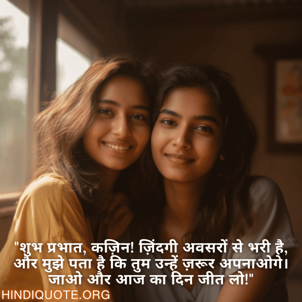 "शुभ प्रभात, कज़िन! ज़िंदगी अवसरों से भरी है, और मुझे पता है कि तुम उन्हें ज़रूर अपनाओगे। जाओ और आज का दिन जीत लो!"
