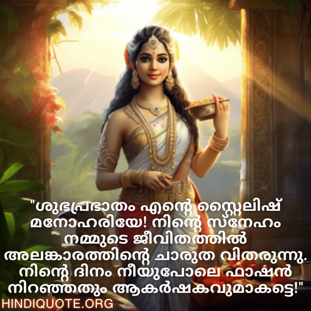"ശുഭപ്രഭാതം എന്റെ സ്റ്റൈലിഷ് മനോഹരിയേ! നിന്റെ സ്നേഹം നമ്മുടെ ജീവിതത്തിൽ അലങ്കാരത്തിന്റെ ചാരുത വിതരുന്നു. നിന്റെ ദിനം നീയുപോലെ ഫാഷൻ നിറഞ്ഞതും ആകർഷകവുമാകട്ടെ!"